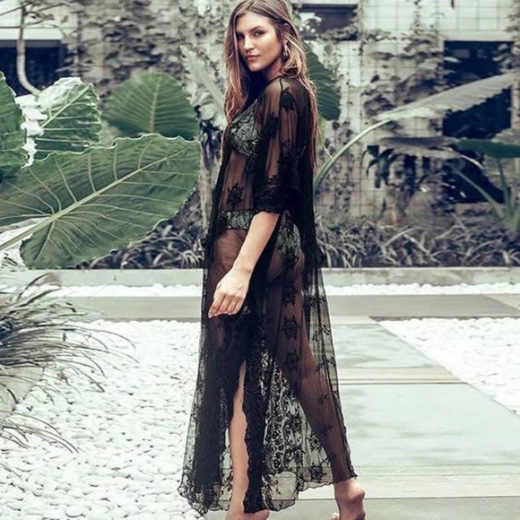 Boho Gypsy Beach Goddess Swim Cover Up Black Maxi Dress Duster Tie Front - Picture 3 of 13